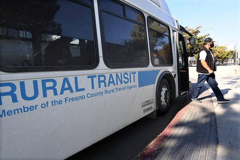 A passenger gets off one of the Fresno County Rural Transit Agency buses, this one from Huron/Coalinga, at the county courthouse, Oct. 28, 2021. JOHN WALKER JWALKER@FRESNOBEE.COM