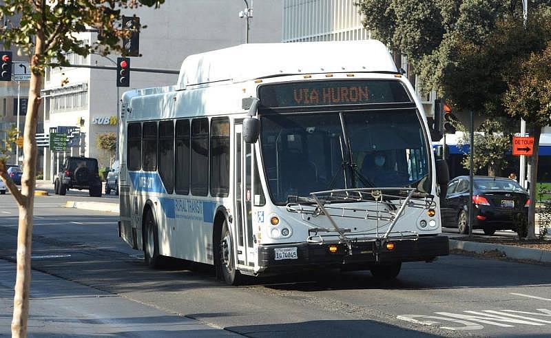 One of the Fresno County Rural Transit Agency buses, this one from Huron/Coalinga, pulls into downtown Fresno, Oct. 28, 2021. JOHN WALKER JWALKER@FRESNOBEE.COM