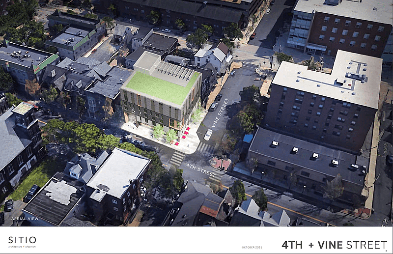 Developer Dennis Benner has scaled back his plans for a nine-story building at Fourth and Vine streets in Southside Bethlehem.Courtesy Sitio Architecture + Urbanism