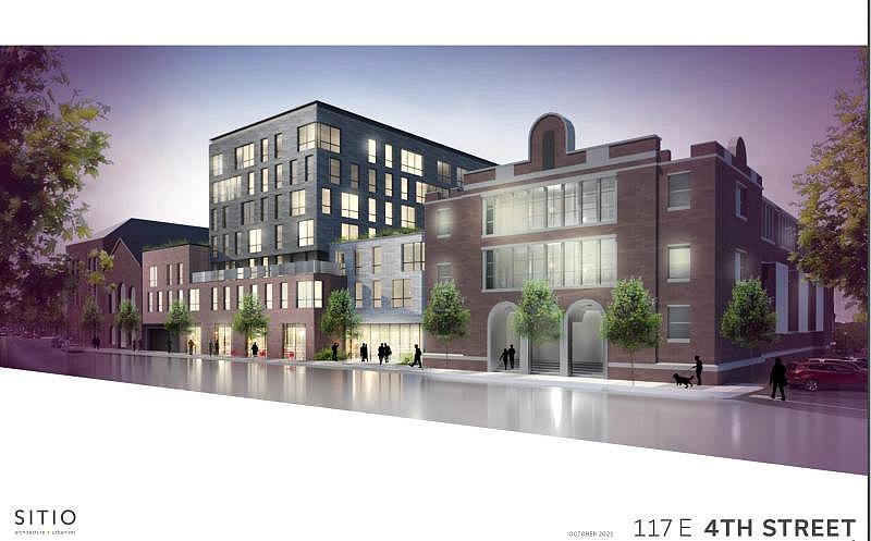 El desarrollador de propiedades, Dennis Benner planea un proyecto de relleno urbano de siete pisos y 70 unidades en la calle 117 E. Fourth Street, en el lugar del antiguo Boys & Girls Club. Foto cortesía Architecture + Urbanism Developer Dennis Benner plans a seven-story, 70-unit urban infill project at 117 E. Fourth Street, on the site of the former Boys & Girls Club. Courtesy Sitio Architecture Urbanism