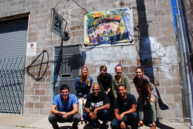 Harm Reduction Therapy Center's leadership team at a holiday gathering. Left to right: Nathan Kamps-Hughes, program coordinator and staff therapist; Abigail McMorrow, staff therapist; Maurice Byrd, director of training and business operations; Maxx Malloy, staff therapist; Irina Alexander, staff therapist; Jason Brown, program coordinator and staff therapist; and Anna Berg, director of programs. (Courtesy Anna Berg)