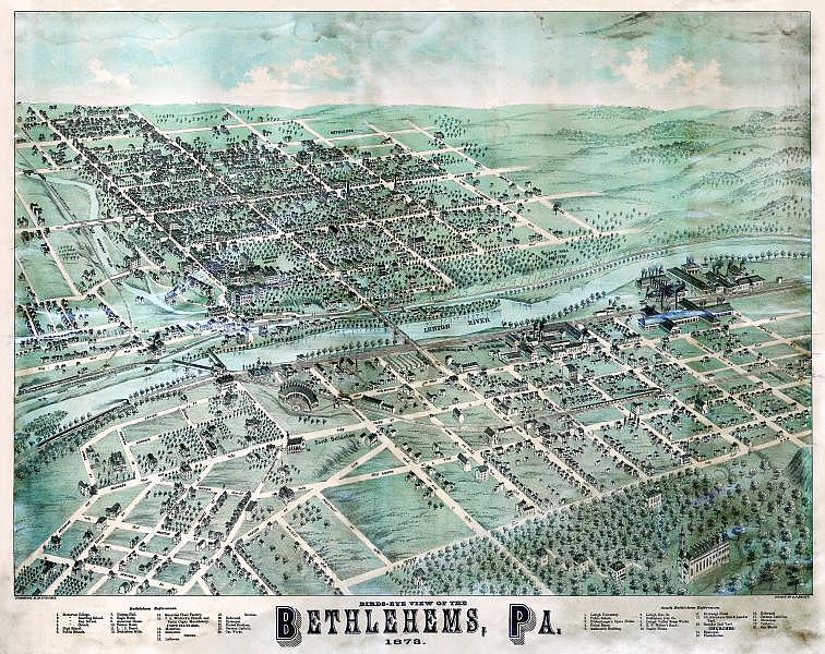 This 1872 map of Bethlehem, shows the early days of the borough of South Bethlehem. The borough and Lehigh University, shown in the right corner, were both founded in 1865. South, north and west Bethlehem merged to form the modern city in 1917. Bethlehem Area Public Library Collection