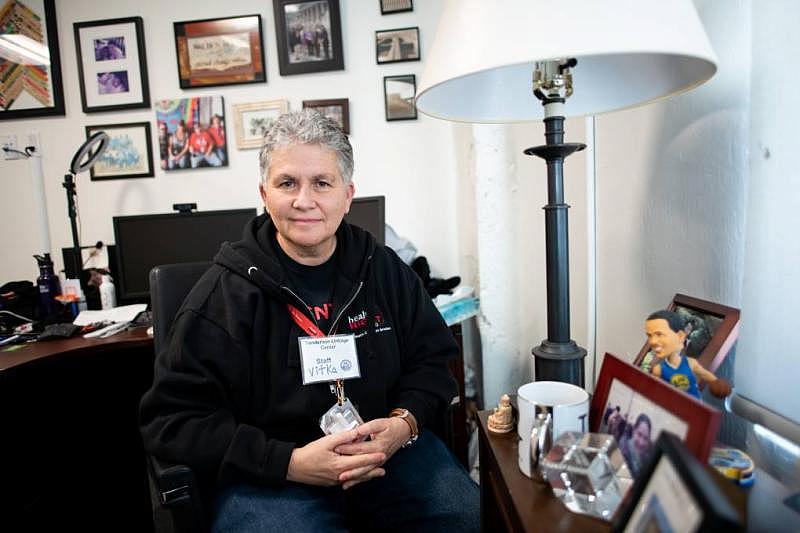 Vitka Eisen, president and CEO of HealthRIGHT 360, poses for a portrait at the medical clinic in San Francisco on March 9, 2022. HealthRIGHT 360 is a health care provider for lower-income and otherwise marginalized Californians. (Beth LaBerge/KQED)