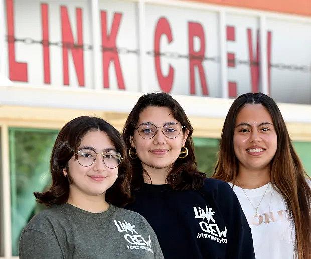 Patriot High School’s seniors Alisson Valle, left, and Kailyn Guerrero, center, are both members of the school’s Link Crew while Youth Court member and, former Link Crew member, Arely Jimenez, right, stands along side at the Jurupa Valley school on Wednesday, March 16, 2022. The crew is one of the ways that Jurupa Valley says they’ve been able to lower bullying levels in their district. (Photo by Will Lester, Inland Valley Daily Bulletin/SCNG)