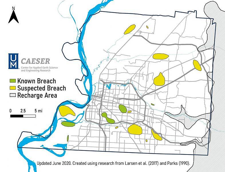 Known and suspected breaches in the Upper Claiborne Confining. Unit, identified by the Center for Applied Earth Science and Engineering Research of the University of Memphis. In the recharge area to the east, the confining clay layer terminates, leaving the Memphis Sand aquifer in direct contact with shallow groundwater. The deep drinking water aquifer, the Memphis Sand also interacts with shallow water at breaches, where the clay is thin or non-existent. Known breaches have been corroborated both in models and real-world geological investigations. Suspected breaches have been identified using modeling and are yet to be physically validated Center For Applied Earth Science And Engineering Research