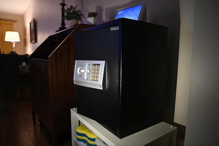 One of the metal safes Lisa Rowe uses at home to keep medicine and knives locked away from her son. (Matt McClain/The Washington Post)