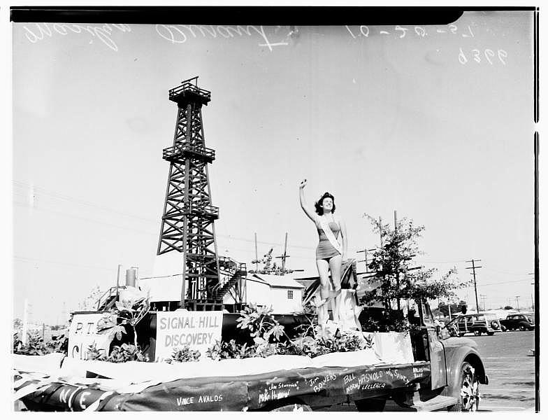 A vintage photograph shows an oil well float at the Harbor Junior College homecoming parade in Wilmington in 1951. Los Angeles Examiner / USC Libraries / Corbis via Getty Images