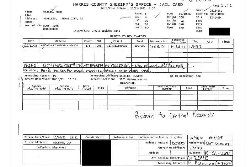 Oct. 28, 2021 The Harris County jail receives an order from the court to evaluate Fred's competency.