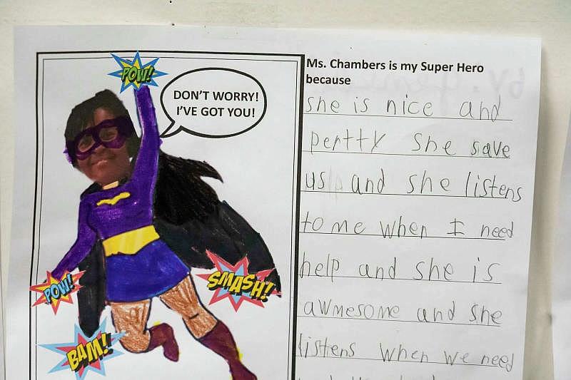 A note from a student hangs on the office wall of Hitchcock Primary School counselor Belinda Chambers. Mark Mulligan/Staff photographer A note from a student hangs on the office wall of Hitchcock Primary School counselor Belinda Chambers. Mark Mulligan/Staff photographer