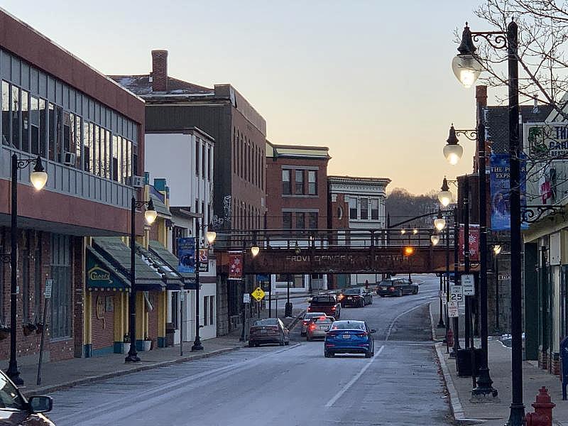 Main Street in Woonsocket, RI. The drop-in center, Safe Haven is on the left just beyond the rail road underpass. LYNN ARDITI/THE PUBLIC'S RADIO