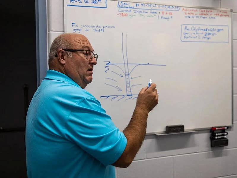 Marty Stange, Hastings Environmental Director, keeps an close eye on the city’s water’s nitrate level. The city’s water treatment facility utilizes a reverse osmosis system to lower nitrate in the water it supplies to the residents. Photo by Jazari Kual for the Flatwater Free Press