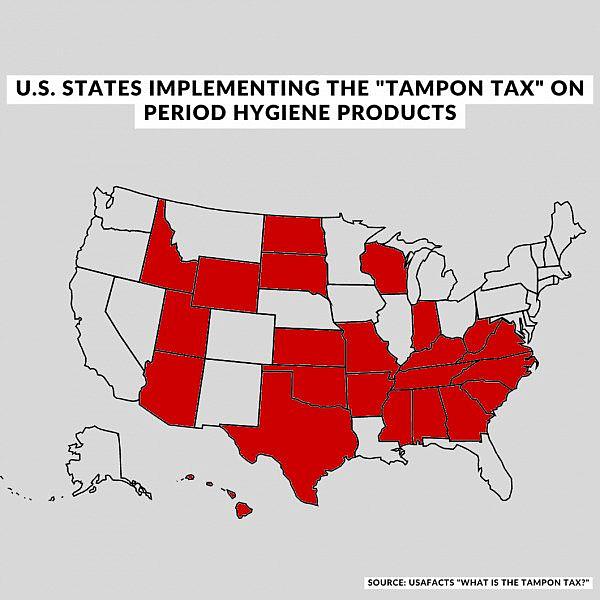 States highlighted in red currently implement the “tampon tax” on menstrual hygiene items such as pantyliners, tampons and menstrual pads | Source: USA Facts "What is the Tampon Tax"