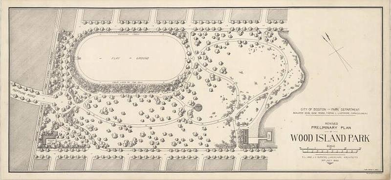 A proposed plan for construction of Wood Island Park in East Boston by Frederick Law Olmsted.