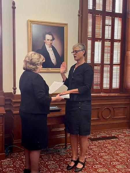 State Sen. Sarah Eckhardt, D-Austin, is sworn in on Jan. 9, 2023, for a new term. (Courtesy: Office of Sarah Eckhardt)