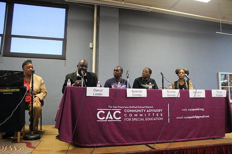 Darryl Lester, second from left, speaks during the panel discussion about how his experiences in special education during the late 1960s affected him. Lester is “Larry P.,” the lead plaintiff in a seminal class-action lawsuits from the 1970s over the unjust  treatment of black students in special education. (Photo: Joe Goyos/Support for Families of Children With Disabilities)