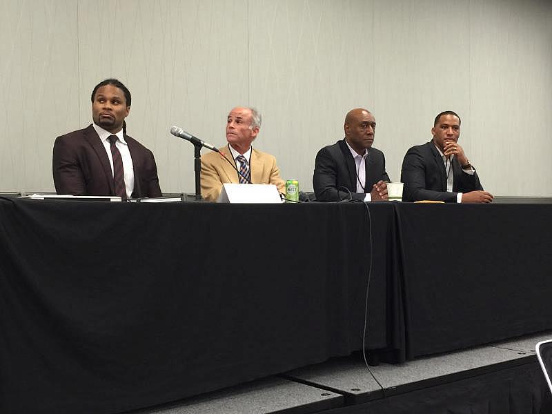 From left, NFL free agent Josh Cribbs, Charles Bernick of the Cleveland Clinic, ESPN senior coordinating producer Dwayne Bray, and former NFL receiver Steve Sanders recently spoke about the risks of concussions during the AHCJ 2016 conference in Cleveland. (Photo by Parimal M. Rohit)