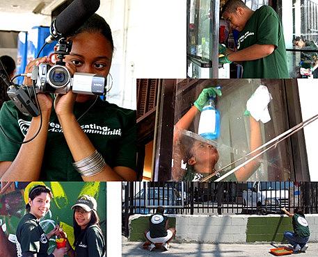 Collage of images of youth cleaning, painting, working and holding a video camera.