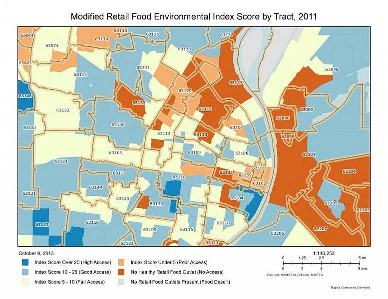 Map by Community Commons of modified Retail Food Environmental Index Score by Track, 2011