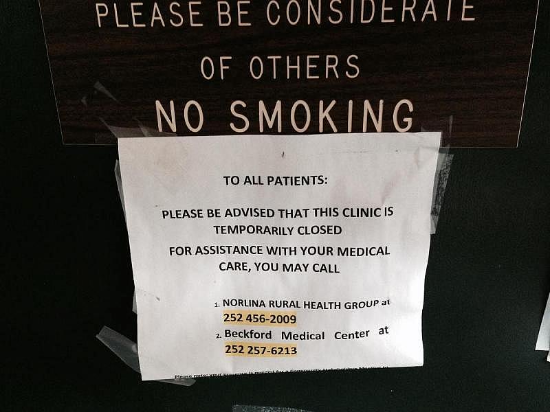 A sign indicates the Warren County Community Clinic is temporarily closed. Credit Leoneda Inge / WUNC