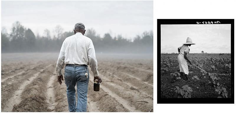 Fields near Eutaw, Alabama, in 2016 and 1936. Johnathon Kelso; Library of Congress