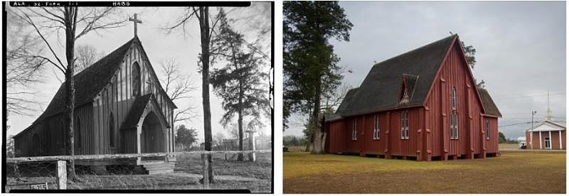 Churches in rural Alabama, undated (left) and in 2016. Library of Congress; Johnathan Kelso