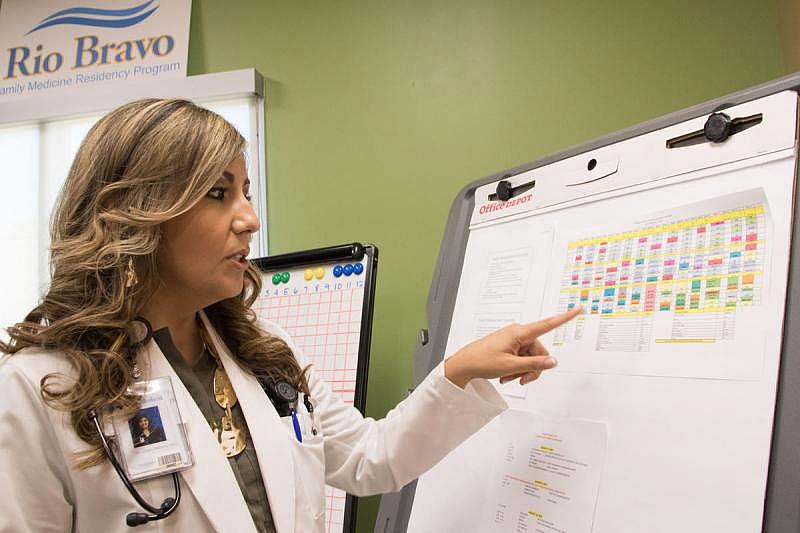 A spreadsheet in a common room displays the schedules of all 18 Rio Bravo family medicine residents. Like Meave, the vast majority of the program's residents are international medical graduates.