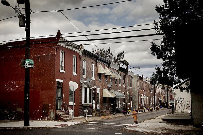 A view of the 1900 block of Bonitz Street, where Gregory Jackson and Sophia Pope's youngest son was poisoned by lead paint in a home they rented. More than 90 percent of the houses in Philadelphia were built before the 1978 lead-paint ban.