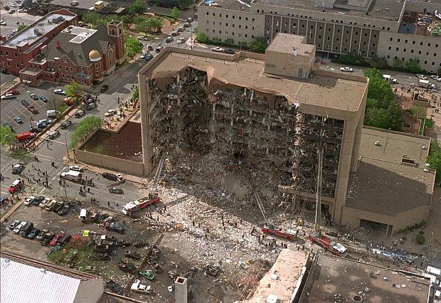 The north side of the Alfred P. Murrah Federal Building in Oklahoma City is shown missing after a truck bomb explosion, in this Wednesday, April 19, 1995, file photo. (AP Photo/File) The north side of the Alfred P. Murrah Federal Building in Oklahoma City is shown missing after a truck bomb explosion, in this Wednesday, April 19, 1995, file photo. (AP Photo/File)