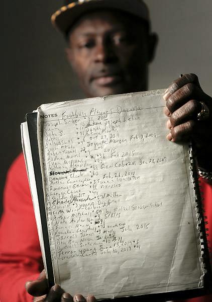 Jerome Temple holds a list of 28 former players on the Panthers youth football team who were killed over a 14-year-span. Jerome Temple holds a list of 28 former players on the Panthers youth football team who were killed over a 14-year-span.