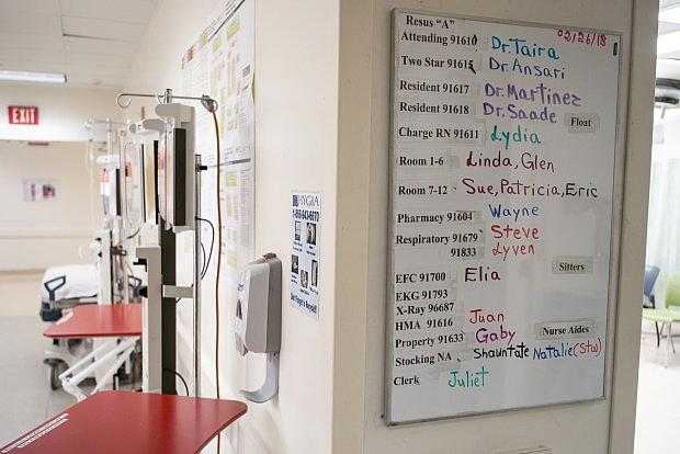 The assignment chart at one of the emergency rooms at County USC, one of the busiest in the state. (Photo by David Crane, Los Angeles Daily News/SCNG)