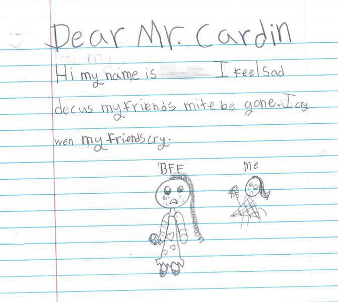 A third-grader at Hampstead Hill Academy wrote to Maryland Senator Ben Cardin (D) to let him know she’s sad some of her friends might be deported. (COURTESY OF HAMPSTEAD HILL ACADEMY; DIGITALLY ALTERED TO PROTECT PRIVACY)