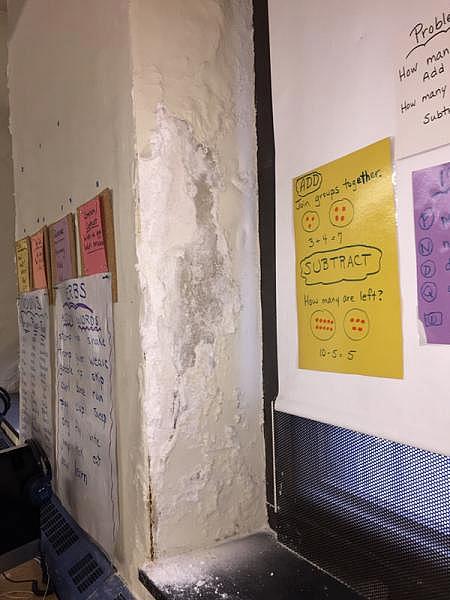 A photo from November 2017, shows damaged plaster in a first-floor classroom at A.S. Jenks Elementary in South Philadelphia. Jenks was one of 30 schools that the district announced in December would undergo a major lead paint and plaster cleanup.