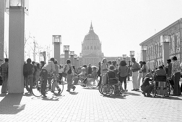 Disability-rights activists protesting at 50 UN Plaza in April, 1977. (Disability Rights Education and Defense Fund)