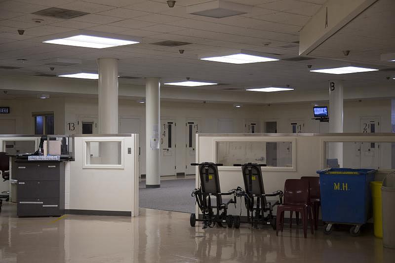 Restraint chairs in Sonoma County main jail’s mental health module. (Lisa Pickoff-White/KQED)
