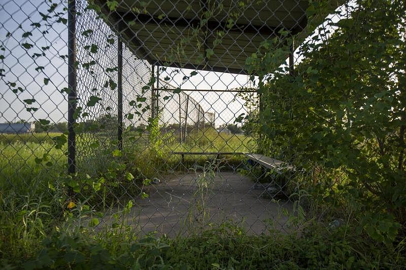 Vines grow up chain-link fence surrounding a littered dugout. Overgrown grass covers the baseball diamond.