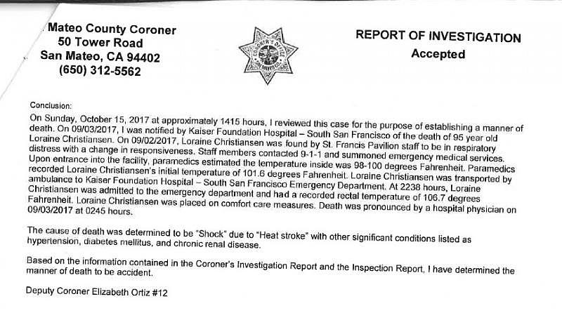 San Mateo County Coroner's Report for Loraine Christiansen.