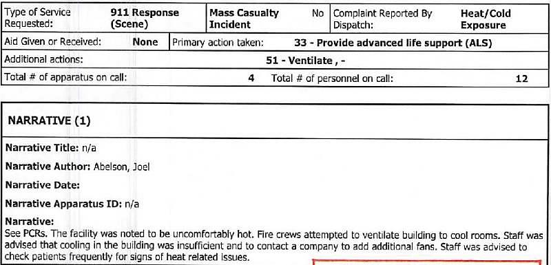 Report from North County Fire Authority about conditions found at St. Francis Pavilion, in response to a 911 call from a facility nurse, on September 2, 2017.