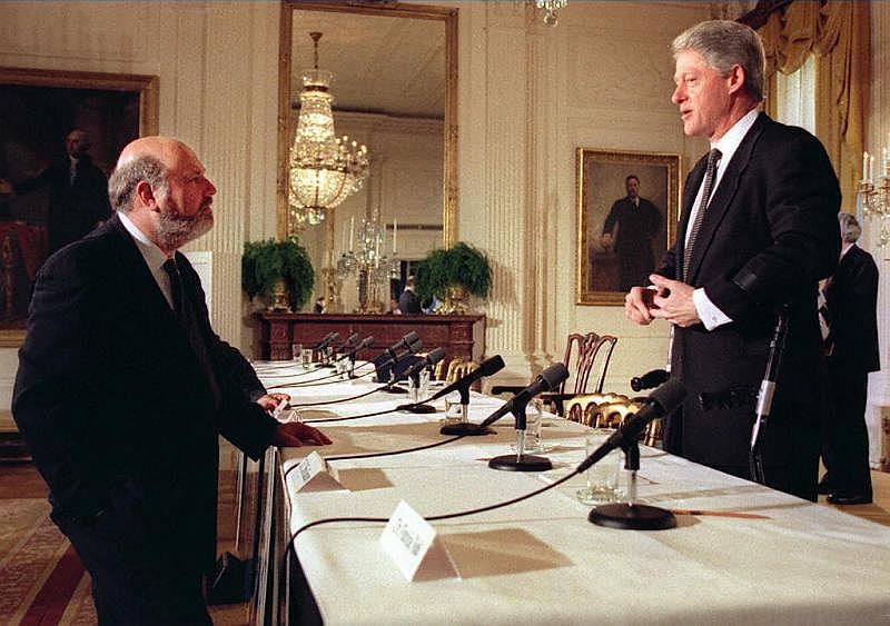 Rob Reiner with President Bill Clinton at the White House Conference on Early Childhood Development and Learning in 1997.  Credit: LUKE FRAZZA/AFP/Getty Images