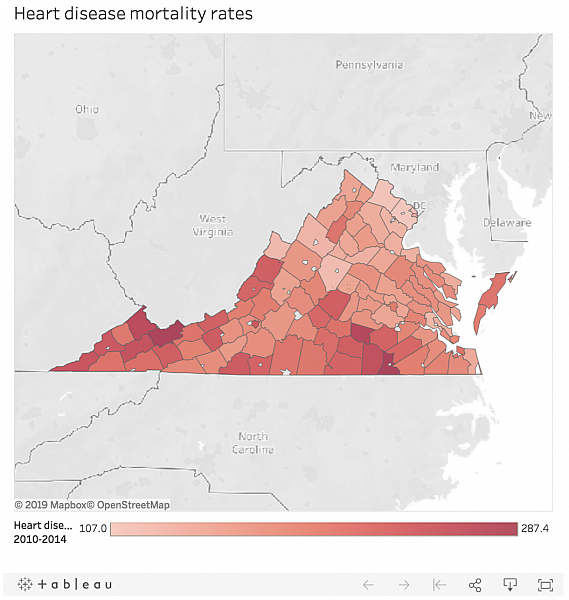 This data from the Centers for Disease Control and Prevention represents heart disease mortality rates as the number of deaths from all forms of heart disease per 100,000 population, per year.