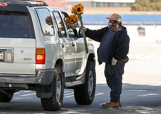 Isidoro Flores Contreras hands a customer a bouquet of sunflowers. He credits Herbalife with helping him walk again, and he believes it will also keep him safe from the novel coronavirus. May 15, 2020. (Photo: Vernon McKnight / The Salinas Californian) Isidoro Flores Contreras hands a customer a bouquet of sunflowers. He credits Herbalife with helping him walk again, and he believes it will also keep him safe from the novel coronavirus. May 15, 2020. (Photo: Vernon McKnight / The Salinas Californian)
