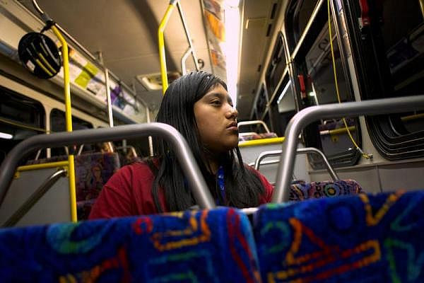 Resi Salvador takes a 40-minute bus ride from CSU Monterey Bay in Seaside, where she goes to school, to her parents’ home in Salinas. SEBASTIÁN HIDALGO FOR THE SALINAS CALIFORNIAN AND CATCHLIGHT.IO