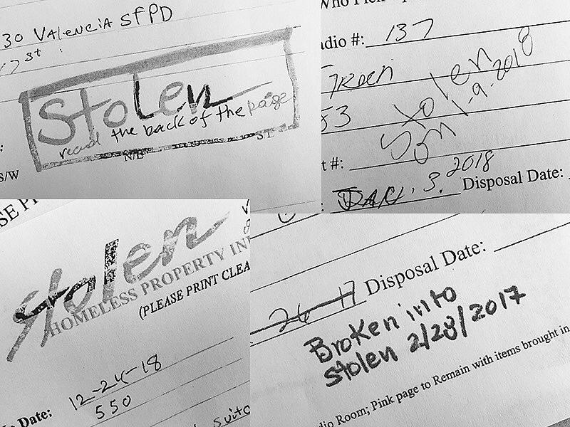 Just a few of Public Work’s bag and tag forms stating that items had been stolen from the yard. (Image: SF Weekly)
