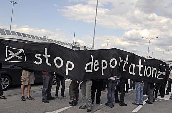 People with banner