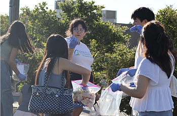 People with blue gloves on holding bags