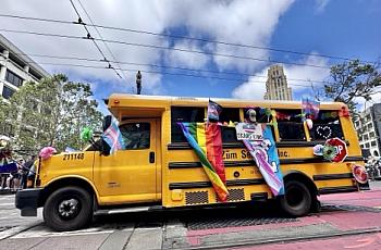 School bus with flags attached