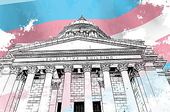 A sketch of US Supreme Court with trans flag as background