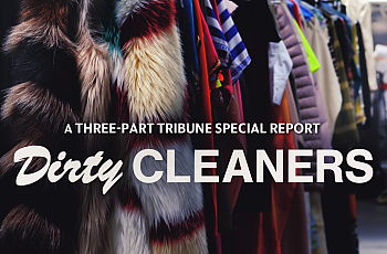 Coats hung side by side with text "Dirty Cleaners"
