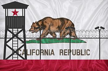 Graphic showing California flag behind the prison fence