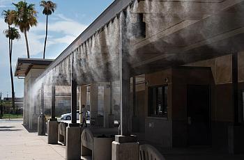 water mist at a bus station