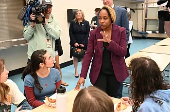 Attorney General Andrea Joy Campbell talks with Ipswich High School students